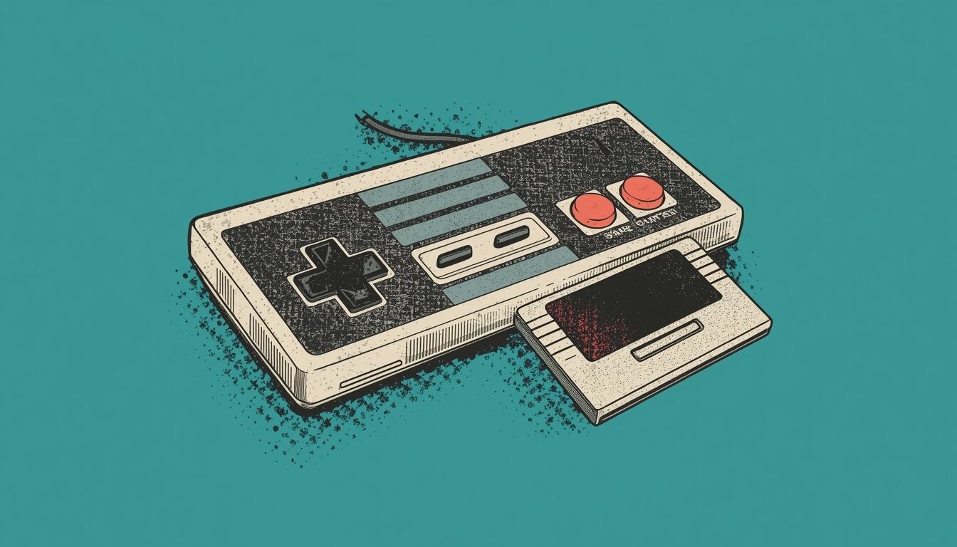 An 8-bit gamepad and cartridge on a teal background.